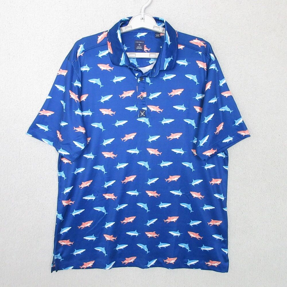 CONSTRUCT Polo Shirt Mens XL Blue Shark Print Quick Dry Performance Short Sleeve